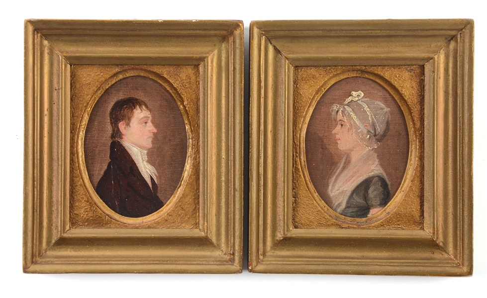 PAIR OF PORTRAITS OF UNUSUALLY SMALL SIZE ATTRIBUTED TO JACOB EICHOLTZ (1776 - 1842). LANCASTER, PENNSYLVANIA. OIL ON POPLAR PANEL. CIRCA 1808.