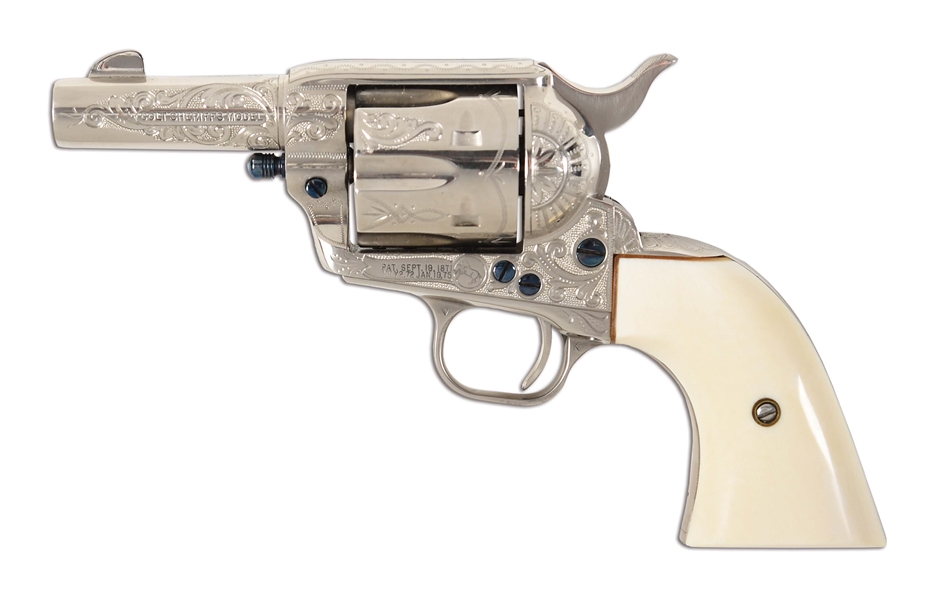 (M) ENGRAVED COLT SHERIFFS MODEL SINGLE ACTION REVOLVER IN .44-40 WITH EXTRA .44 SPECIAL CYLINDER.