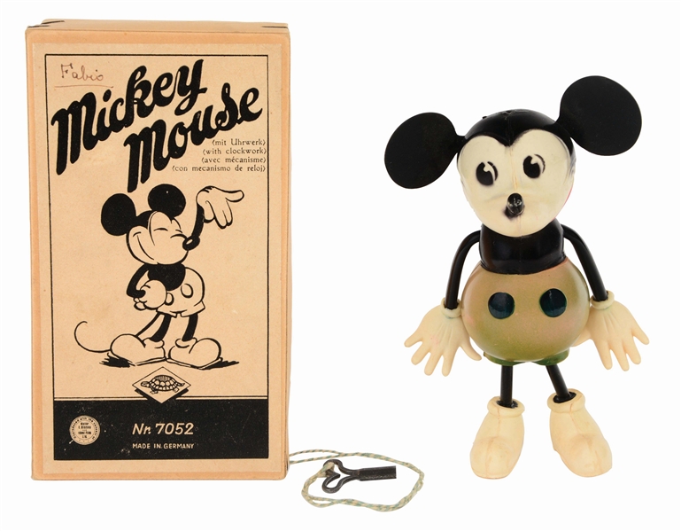 GERMAN CELLULOID WIND-UP FIVE-FINGERED MICKEY MOUSE WITH ORIGINAL BOX AND KEY.