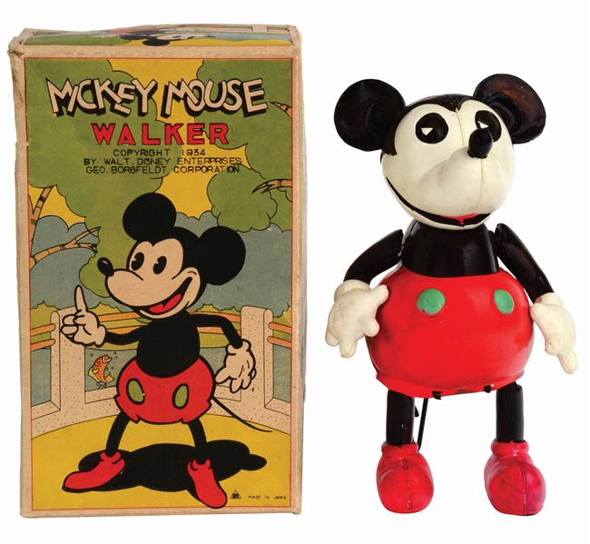 JAPANESE CELLULOID WIND-UP WALT DISNEY RAMBLING MICKEY MOUSE WALKER TOY WITH ORIGINAL BOX.