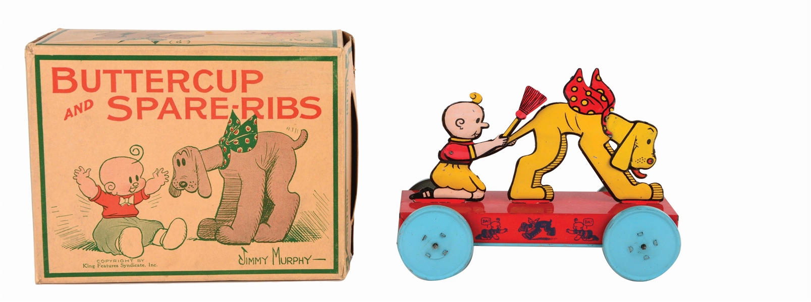 NIFTY TIN-LITHO BUTTERCUP AND SPARE-RIBS FLOOR TOY WITH EXTREMELY RARE ORIGINAL BOX.