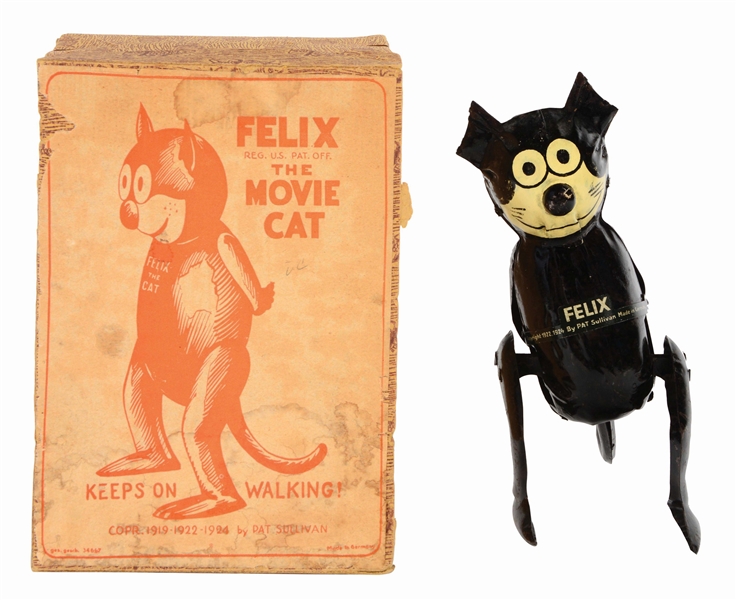 GERMAN NIFTY HAND-PAINTED WIND-UP FELIX THE MOVIE CAT TOY IN RARE ORIGINAL BOX.