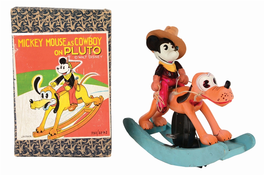 CELLULOID WIND-UP WALT DISNEY MICKEY MOUSE AS COWBOY ON PLUTO TOY WITH ORIGINAL BOX.