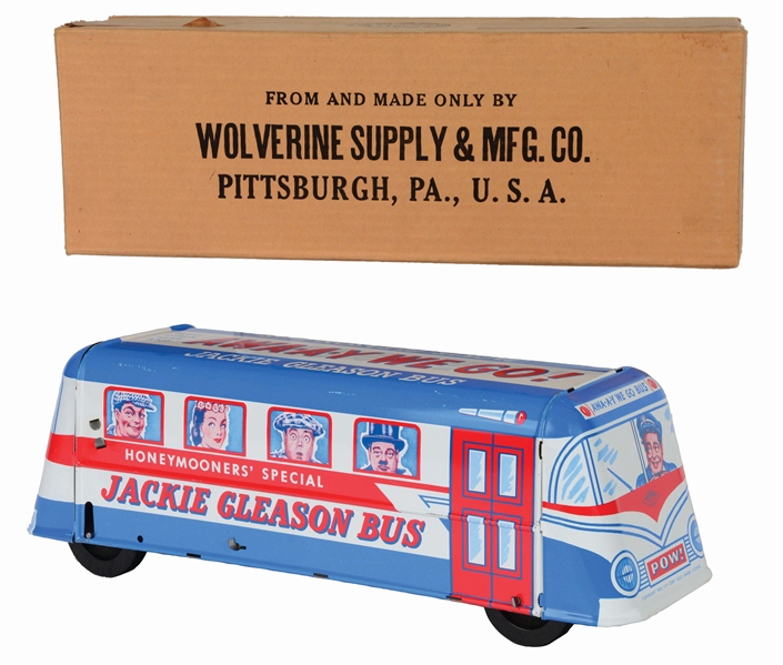 WOLVERINE TIN-LITHO JACKIE GLEASON BUS TOY WITH ORIGINAL BOX.