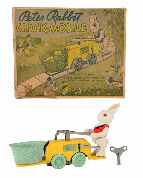 LIONEL TIN AND COMPOSITION CLOCKWORK PETER RABBIT CHICK-MOBILE TOY.