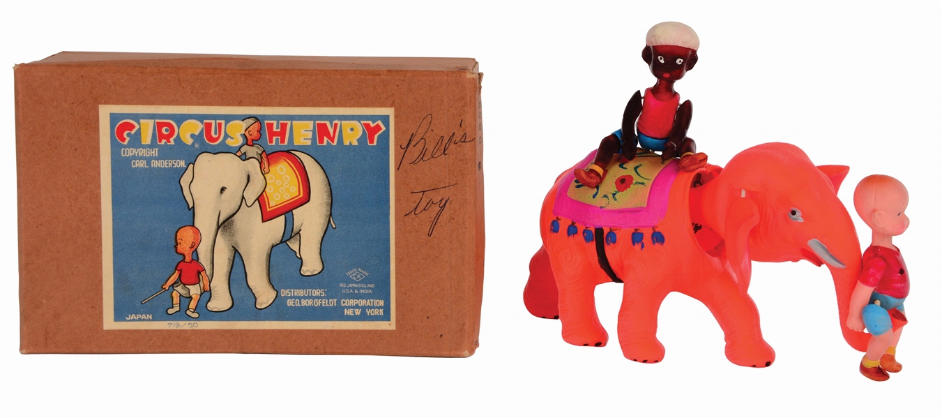 JAPANESE CELLULOID WIND-UP CIRCUS HENRY ON ELEPHANT TOY IN ORIGINAL BOX.