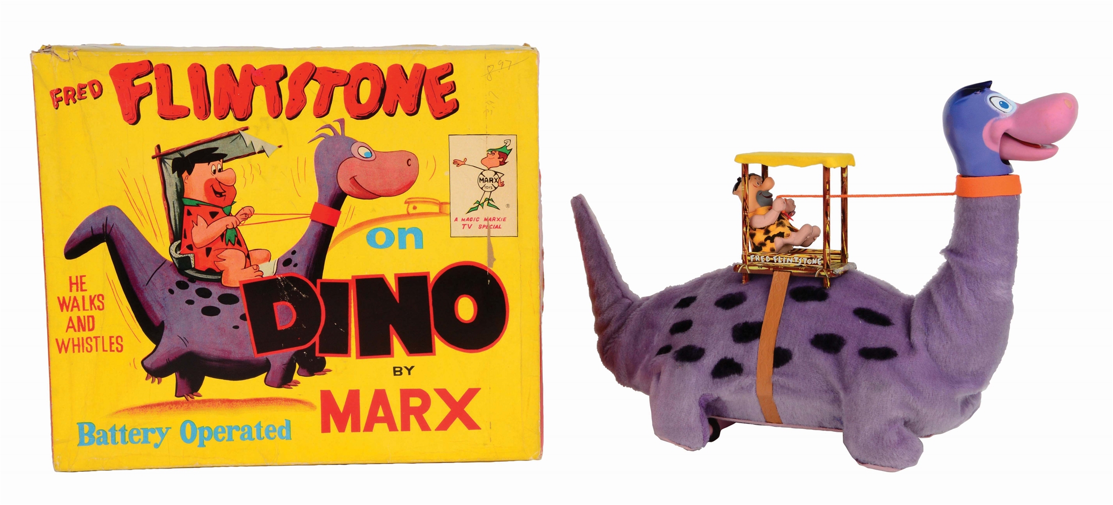 MARX BATTERY-OPERATED FRED FLINTSTONE ON DINO TOY IN ORIGINAL BOX.