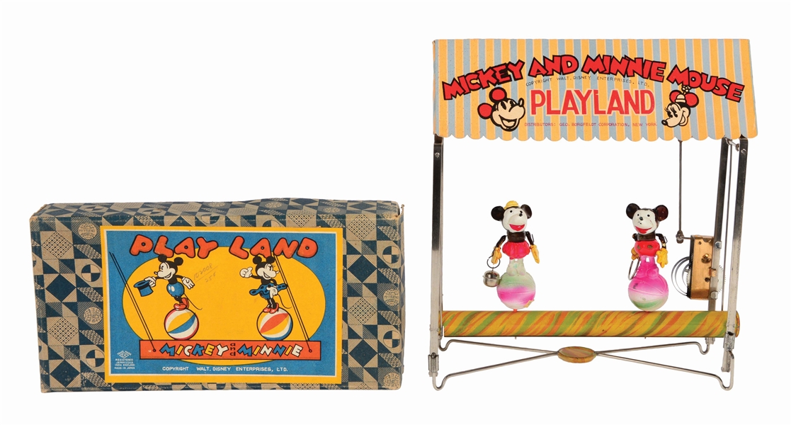 RARE JAPANESE CELLULOID AND TIN WALT DISNEY MICKEY AND MINNIE MOUSE PLAY LAND TOY IN SCARCE ORIGINAL BOX.