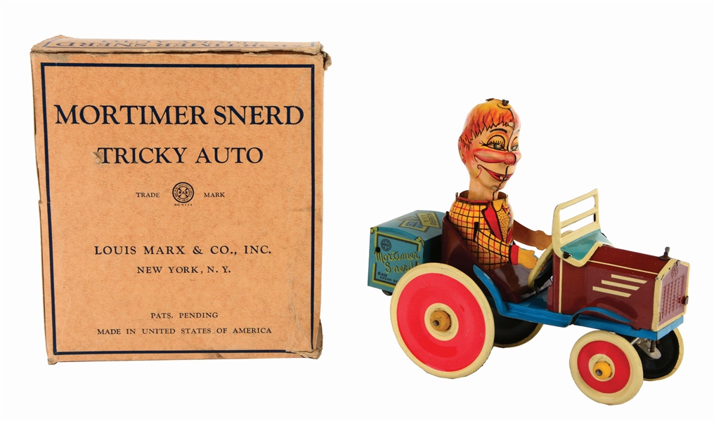 MARX TIN-LITHO WIND-UP MORTIMER SNERD TRICKY AUTO IN ORIGINAL BOX.