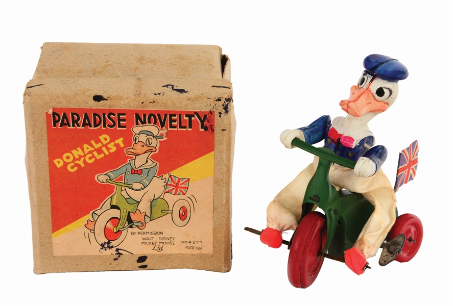 JAPANESE TIN-LITHO AND CELLULOID WIND-UP WALT DISNEY DONALD DUCK CYCLIST TOY.