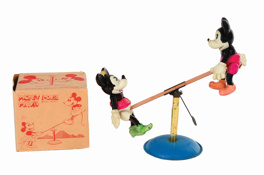 CELLULOID WIND-UP WALT DISNEY MICKEY AND MINNIE MOUSE SEESAW TOY IN ORIGINAL BOX.