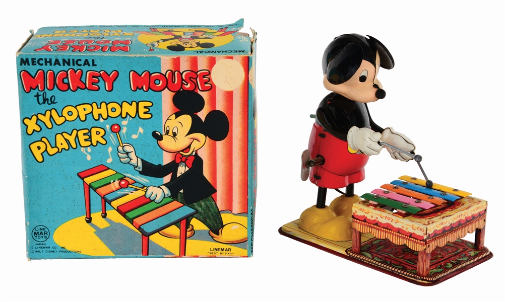 LINEMAR TIN-LITHO WIND-UP WALT DISNEY MICKEY MOUSE XYLOPHONE PLAYER TOY.