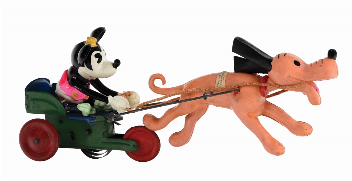 JAPANESE PRE-WAR WALT DISNEY CELLULOID MINNIE MOUSE IN CART PULLED BY PLUTO.