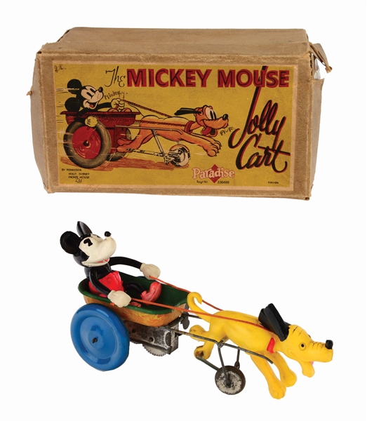 CELLULOID WIND-UP WALT DISNEY MICKEY MOUSE AND PLUTO JOLLY CART WITH ORIGINAL BOX.