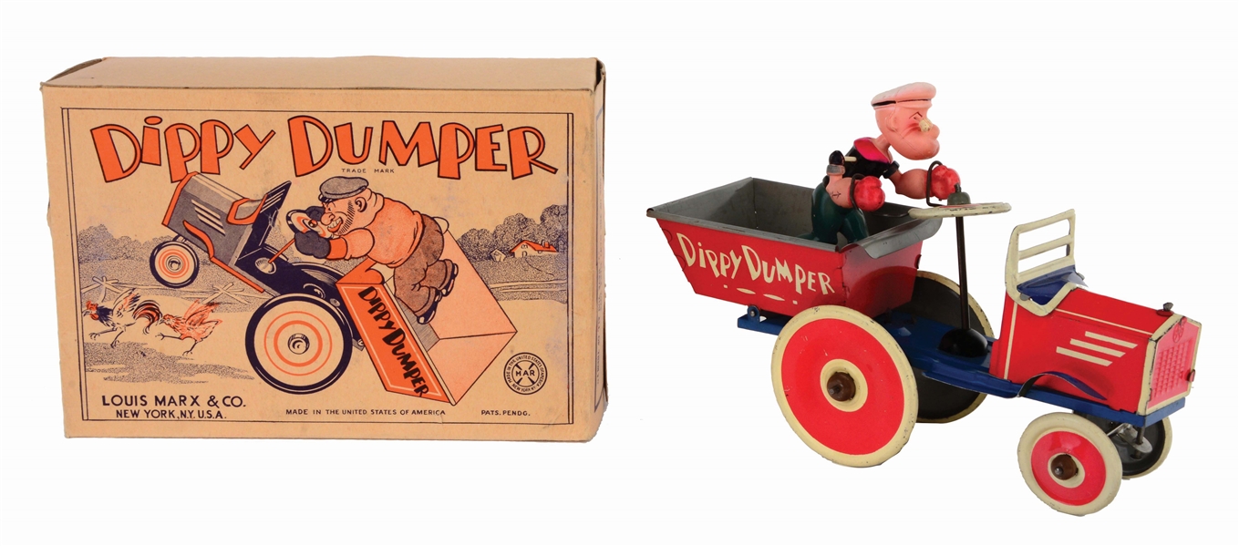 MARX TIN-LITHO AND CELLULOID WIND-UP POPEYE DIPPY DUMPER TOY.