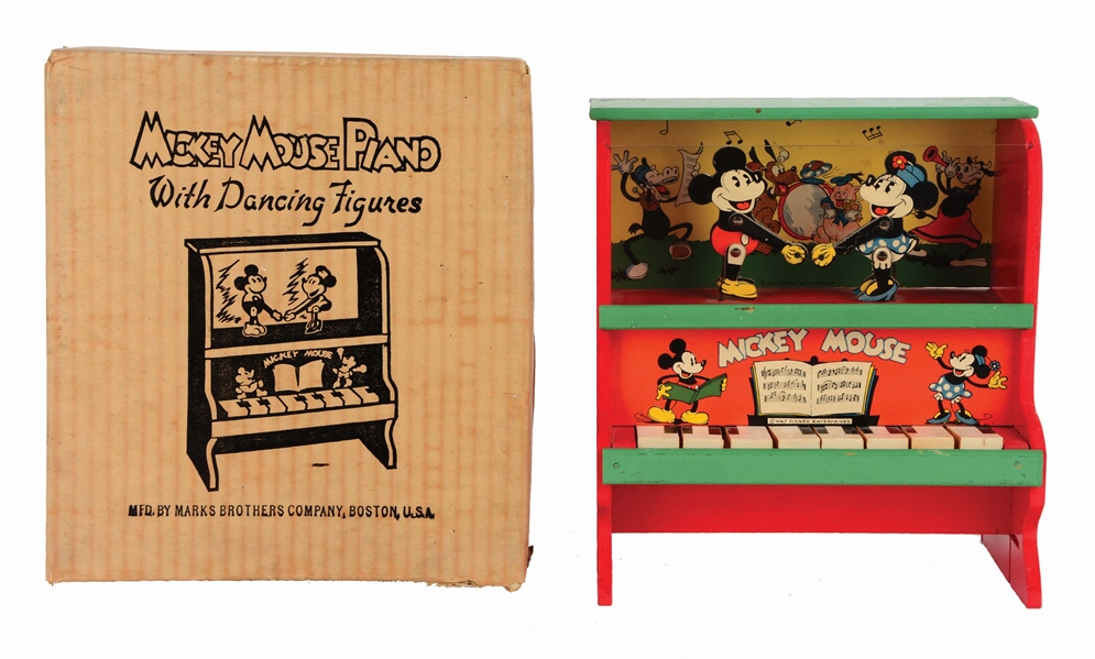 MARKS BROS. WALT DISNEY WOODEN MICKEY MOUSE PIANO WITH DANCING FIGURES.