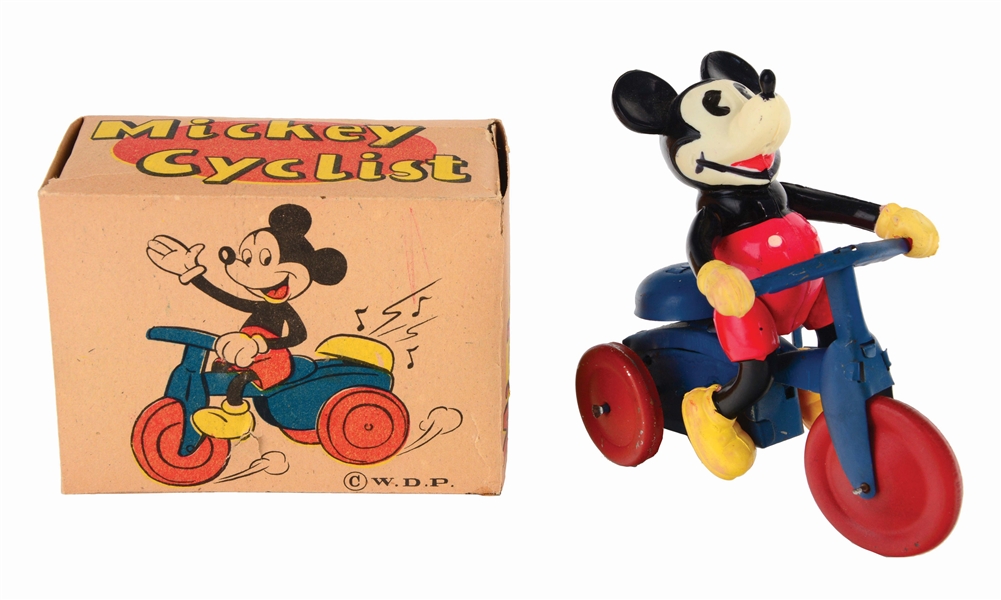 SCARCE OCCUPIED JAPAN WIND-UP TIN AND CELLULOID WALT DISNEY MICKEY MOUSE CYCLIST TOY IN ORIGINAL BOX.
