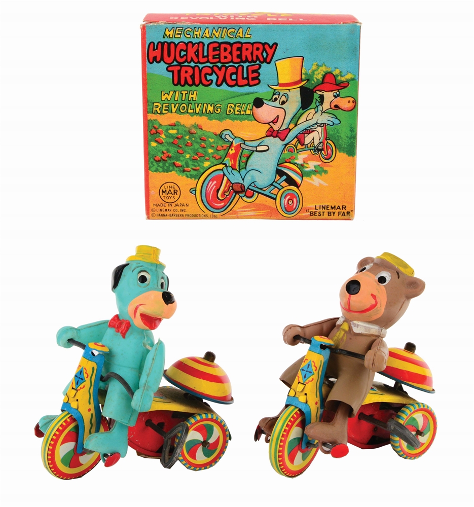 LOT OF 2: LINEMAR TIN-LITHO AND CELLULOID HANNA-BARBERA TRICYCLE TOYS.