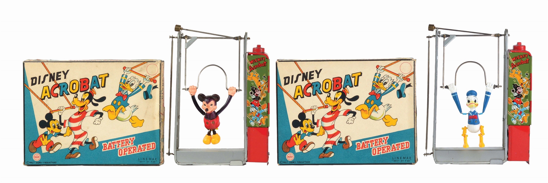 LOT OF 2: LINEMAR TIN-LITHO AND CELLULOID WALT DISNEY MICKEY MOUSE AND DONALD DUCK ACROBAT TOYS IN ORIGINAL BOXES.