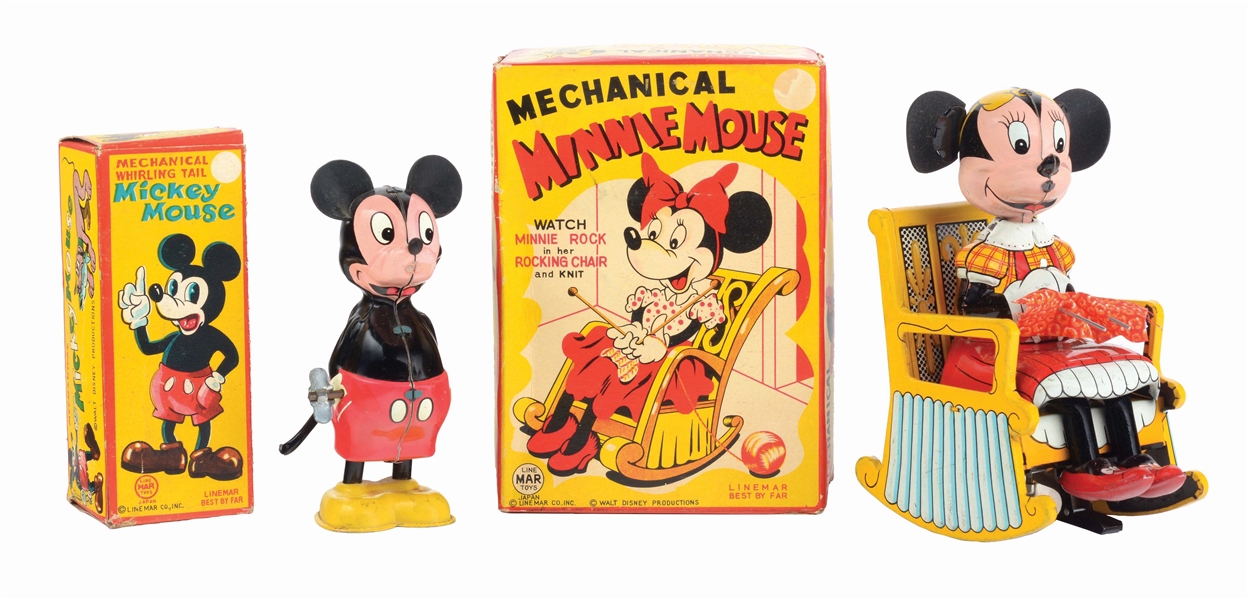 LOT OF 2: LINEMAR TIN-LITHO WIND-UP WALT DISNEY MICKEY AND MINNIE MOUSE TOYS.