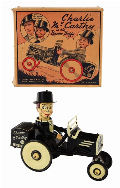MARX TIN-LITHO WIND-UP CHARLIE MCCARTHY IN HIS BENZENE BUGGY WITH ORIGINAL BOX.