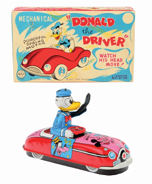 LINEMAR TIN-LITHO WIND-UP WALT DISNEY DONALD DUCK THE DRIVER TOY.