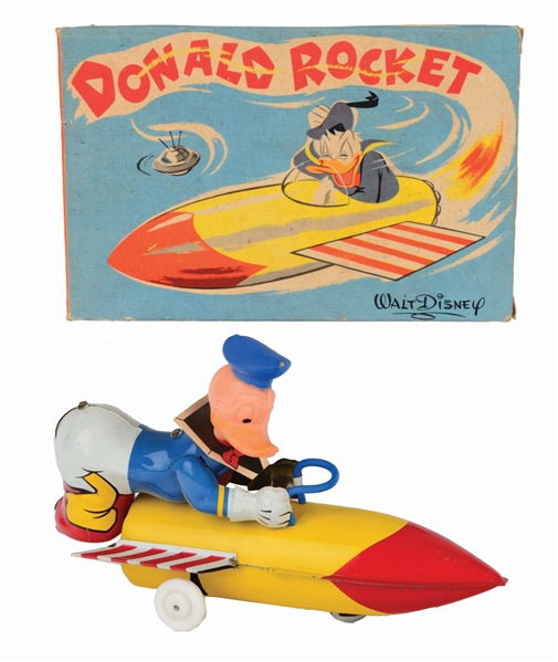 SCARCE TIN-LITHO AND PLASTIC FRENCH MADE DONALD DUCK FRICTION ROCKET TOY.