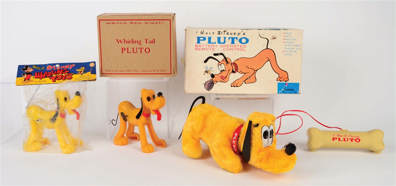 LOT OF 3: WALT DISNEY PLUTO BATTERY-OPERATED AND WIND-UP TOYS.