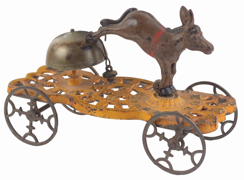 GONG BELL TOY KICKING MULE CAST IRON BELL TOY. 