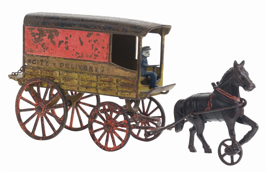 HARRIS ONE HORSE DRAWN CAST IRON CITY DELIVERY WAGON.