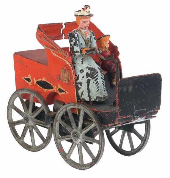 CLARK WOOD AND CAST IRON HORSELESS CARRIAGE AUTO WITH ORIGINAL LADY DRIVER.