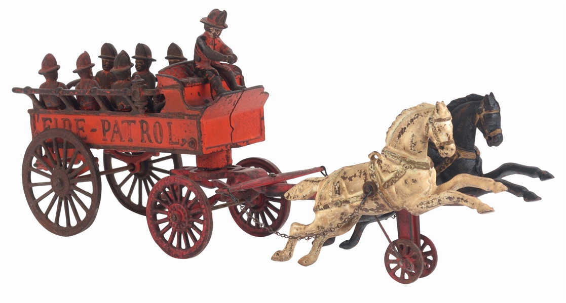 HUBLEY CAST IRON TWO HORSE DRAWN FIRE PATROL WITH ORIGINAL FIGURES.