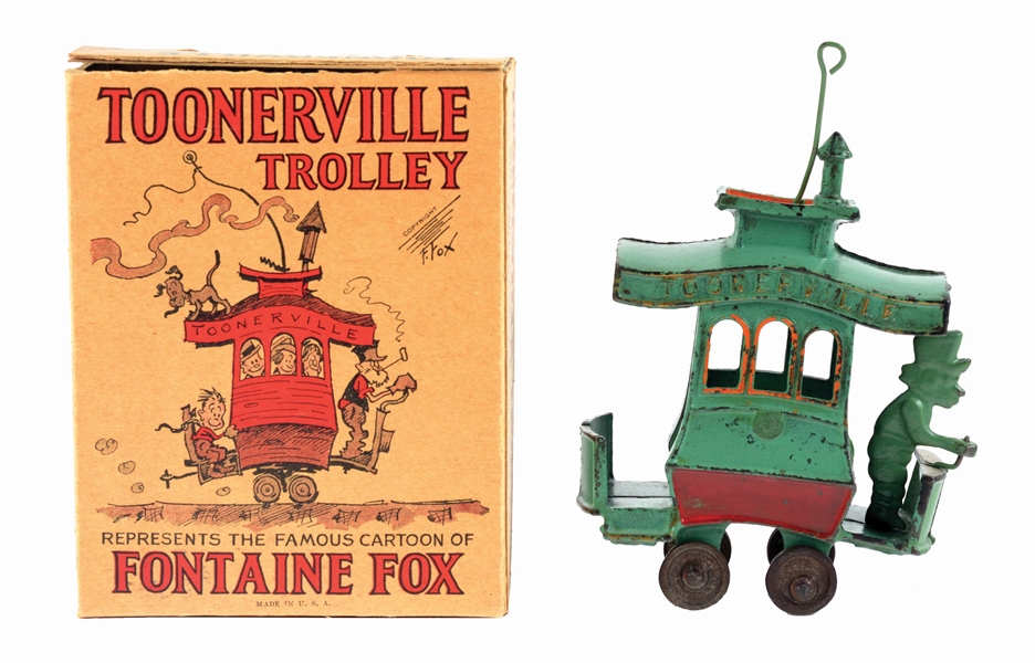 DENT CAST IRON TOONERVILLE TROLLEY WITH ORIGINAL BOX.
