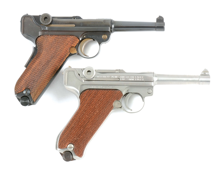 (M) LOT OF TWO: TWO POST WORLD WAR II COMMERCIAL AMERICAN EAGLE LUGER P.018 SEMI AUTOMATIC 9MM PISTOLS IN BOXES, MAUSER & MITCHELL 1993.