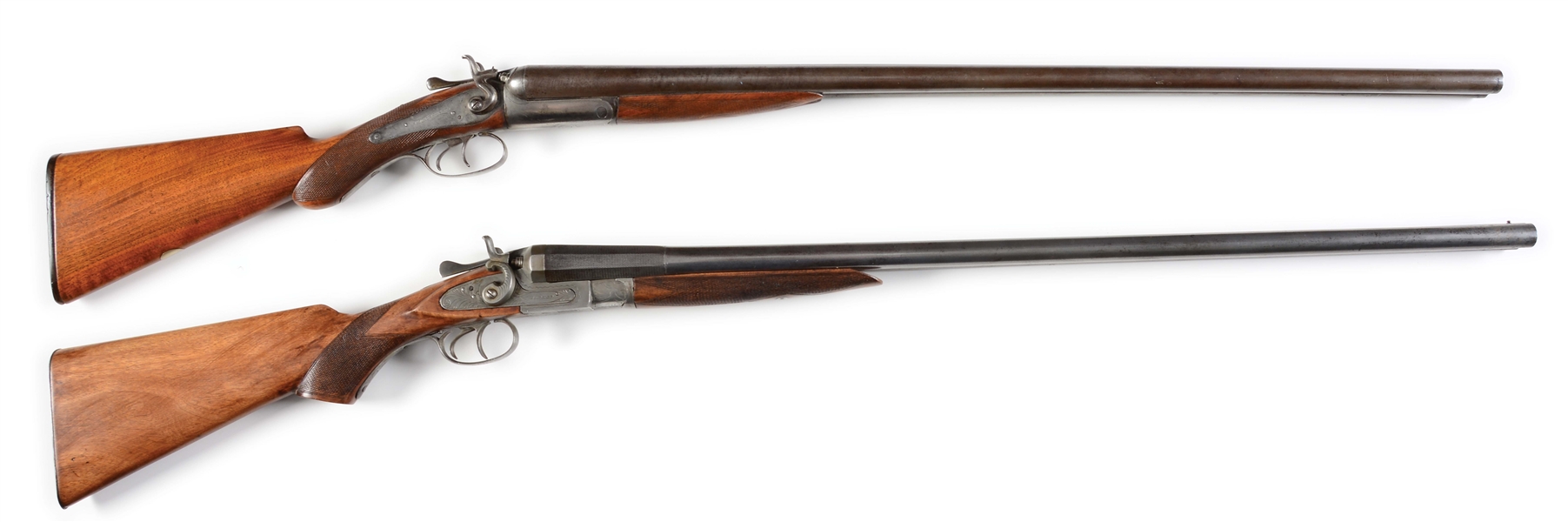 (A) LOT OF TWO: J. MANTON & CO AND BARKER DOUBLE BARREL PERCUSSION SHOTGUNS.