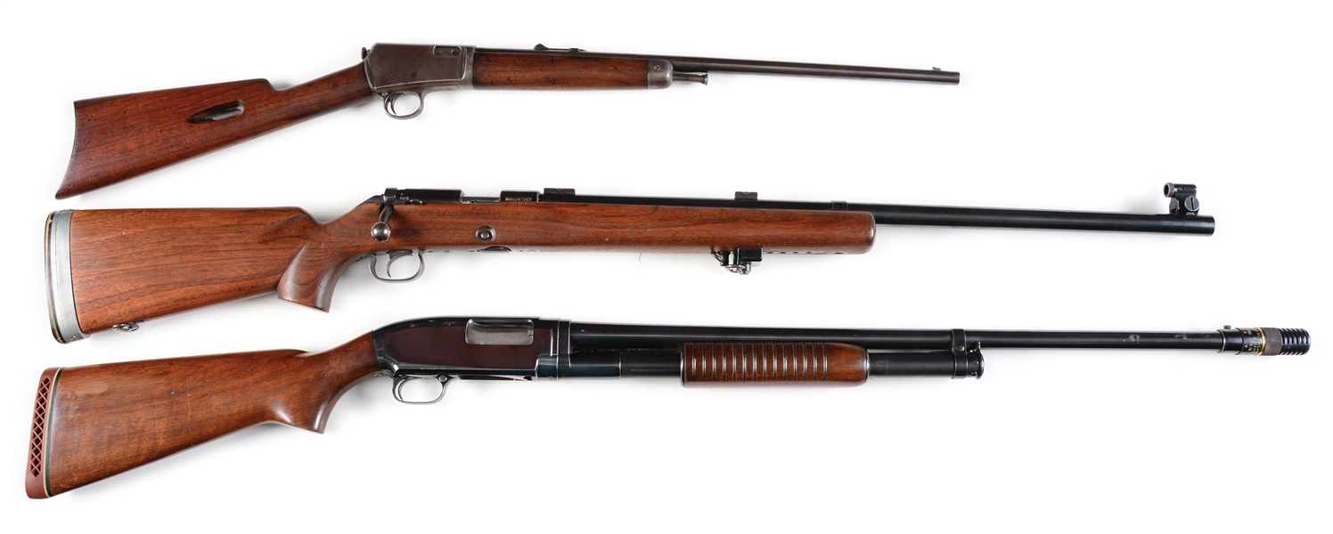 (C) LOT OF THREE: WINCHESTER 1903 AND 52C RIFLES AND MODEL 12 SHOTGUN.