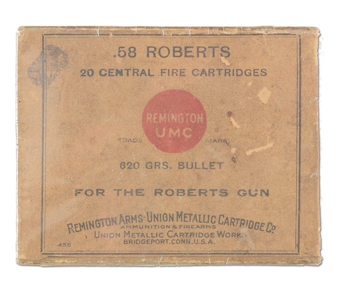 UNBELIEVEABLY RARE BOX OF UMC 58 ROBERTS AMMUNITION FOR THE MONT STORM CONVERSION AND REMINGTON ROLLING BLOCK RIFLE.