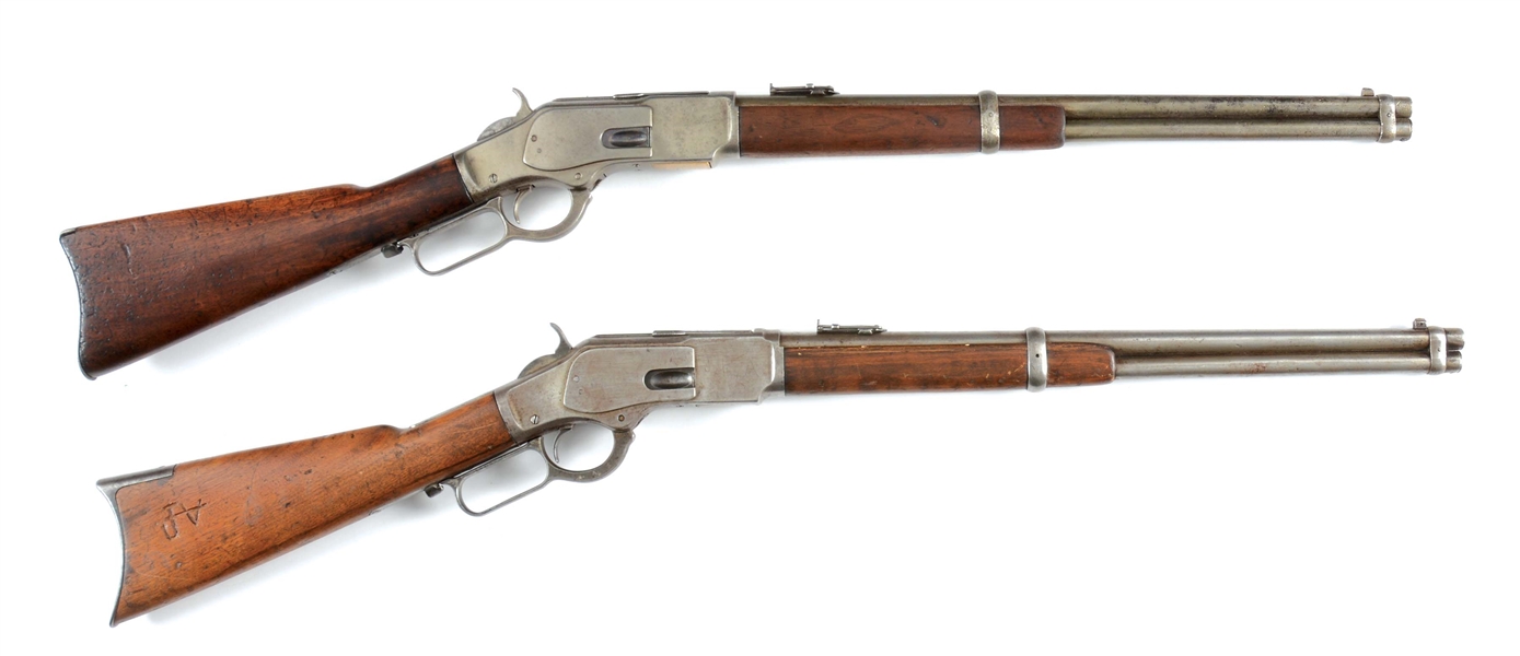 (A) LOT OF TWO: TWO WINCHESTER 1873 SADDLE RING CARBINES IN .44 WCF.
