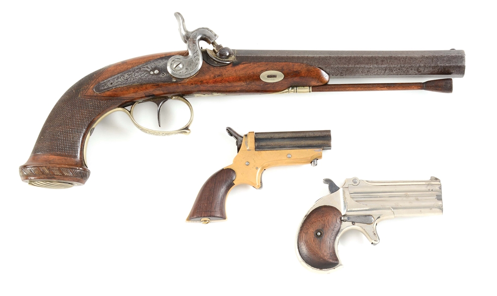 (C+A) LOT OF THREE: LOT OF BELGIAN, SHARPS, AND REMINGTON COLLECTORS PISTOLS.
