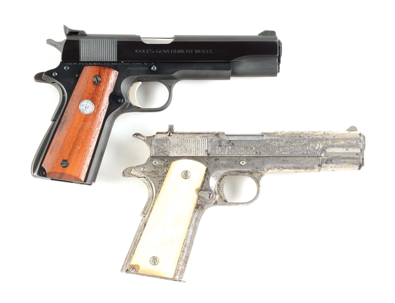(C) LOT OF TWO: COLT SERIES 70 .45 ACP GOVERNMENT MODEL PISTOL AND A COLT ACE, SUB-1000 SERIAL NUMBER, ENGRAVED.