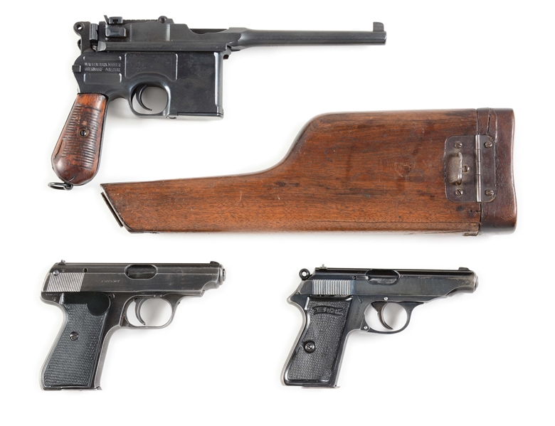(C) LOT OF THREE: MAUSER C96, WALTHER PP, AND J.P. SAUER SEMI-AUTOMATIC PISTOLS IN .30, .22 AND 7.65MM