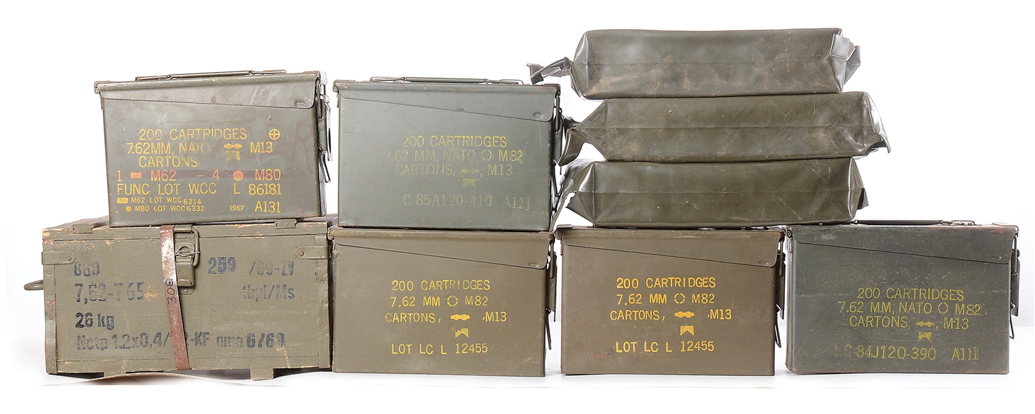 LOT OF EIGHT: CANS, BAGS, AND CRATE OF 7.62 NATO AMMUNITION TOTALING 2130 ROUNDS.