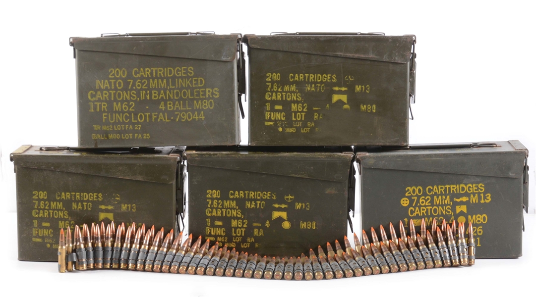 LOT OF SIX: CANS & SEALED AMMO BAG OF 7.62 NATO AMMUNITION TOTALING 1200 ROUNDS.
