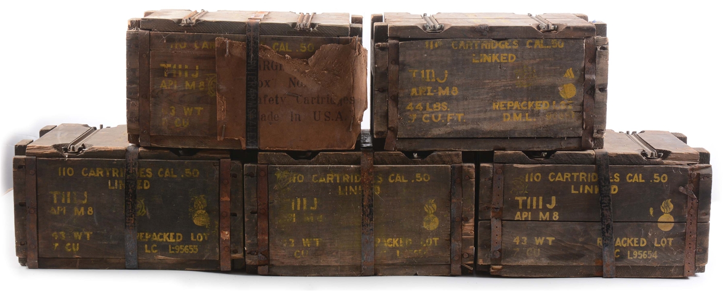 LOT OF FIVE: 110 ROUND .50 M8 API AMMO CRATES TOTALLING 550 ROUNDS OF AMMUNITION.