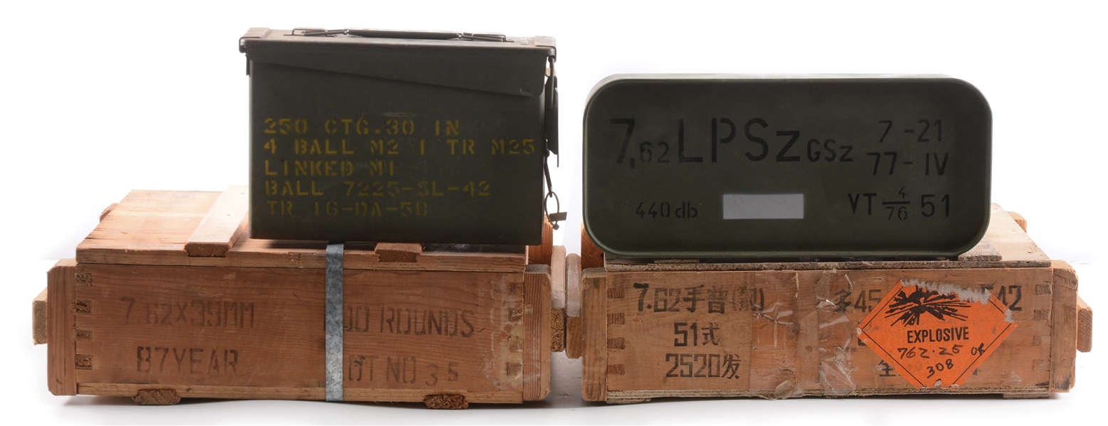 LOT OF FOUR: TWO CRATES OF CHINESE 7.62X39MM & TWO AMMO CANS OF HUNGARIAN 7.62X54R.