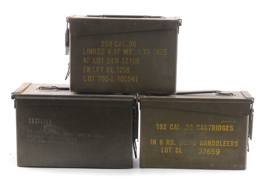 LOT OF THREE: AMMO CANS OF 750 ROUNDS OF 9MM FMJ, 850 ROUNDS OF .45 ACP, 119 ROUNDS OF BLANK 5.56MM ROUNDS.