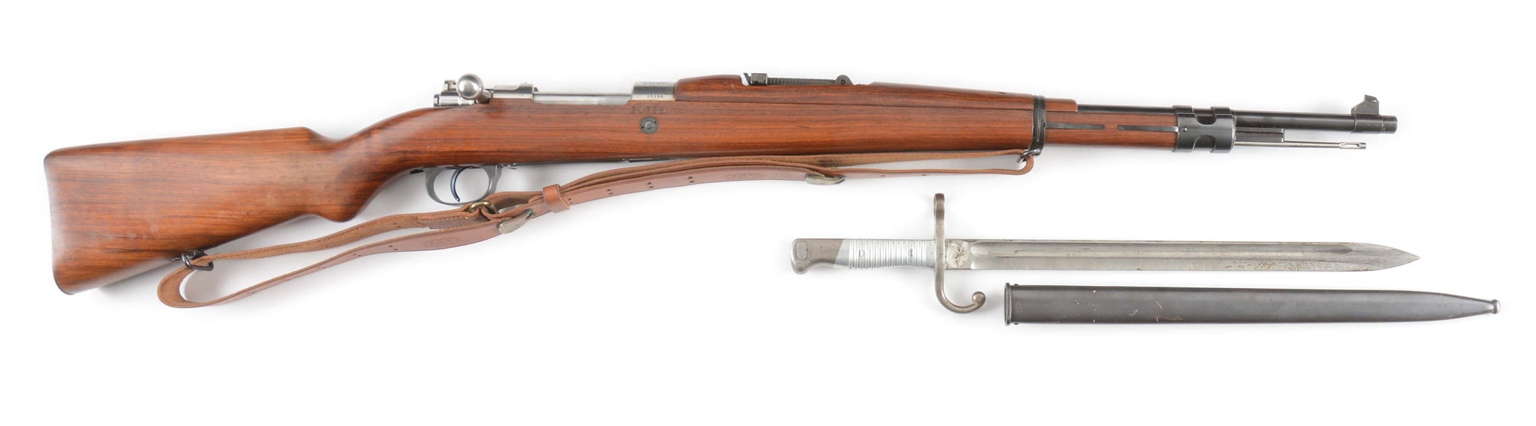 (C) VERY FINE VENEZUELAN CONTRACT FN 24/30 MAUSER RIFLE WITH LEATHER COVER & ARGENTINE BAYONET.