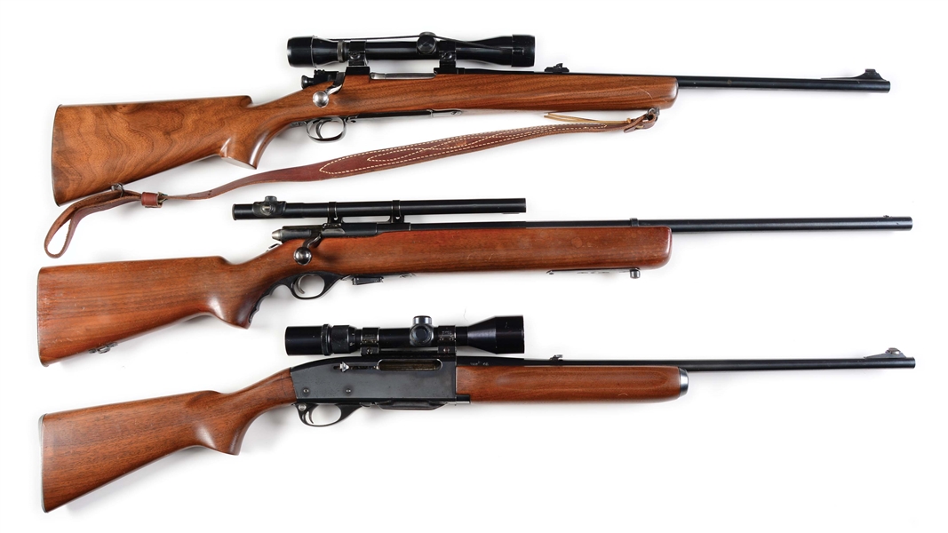 (C) LOT OF THREE: GOLDEN STATE ARMS CONVERTED 03-A3 BOLT ACTION, MOSSBERG 44US-D BOLT ACTION, AND REMINGTON 740 SEMI-AUTOMATIC RIFLES.
