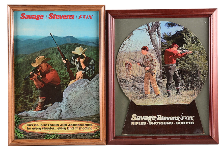 LOT OF TWO: TWO CIRCA LATE 1950S FULL COLOR SAVAGE ARMS ADVERTISING - PROFESSIONALLY FRAMED.