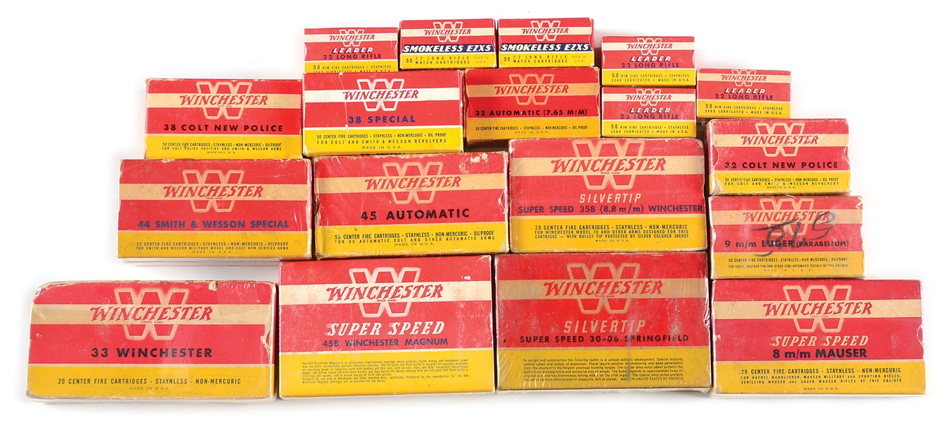 LOT OF 18 WINCHESTER RED AND YELLOW AMUNITION BOXES.